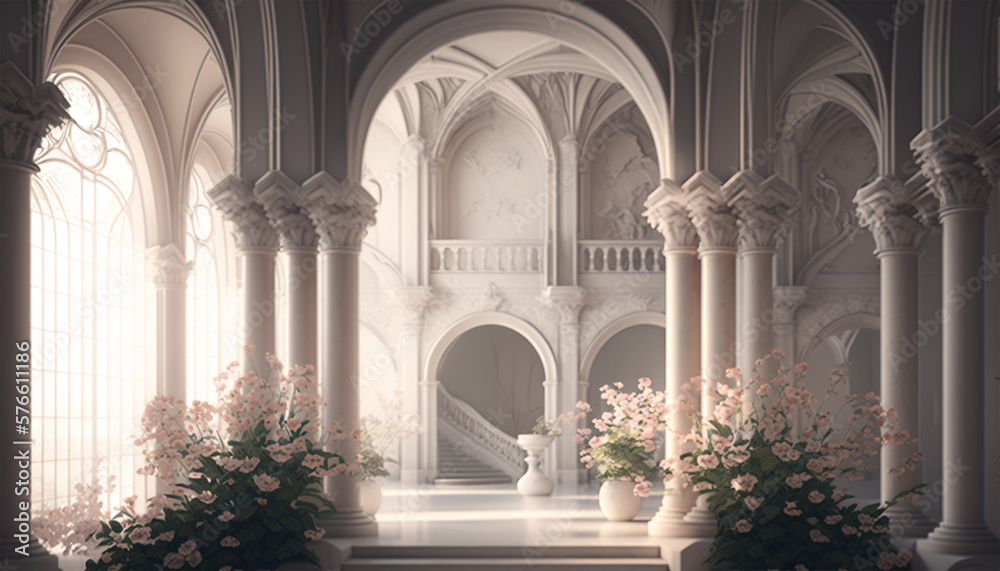 Luxury interior white palace with vintage ornamental pillar and daylight. Flower and leaves decoration in room, windows. generative ai.