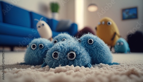 sweet depiction of fluffy and cuddly mites, bacteria and dust playing together on a soft, fuzzy carpet in the living room at home - generative ai