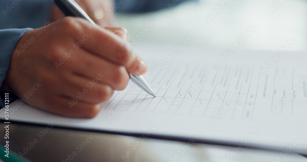 Hands, pen and writing in checklist, survey or FAQ questionnaire on table or desk at the office. Hand in write, tick or business contract or form for documentation, paperwork or feedback at workplace - obrazy, fototapety, plakaty 