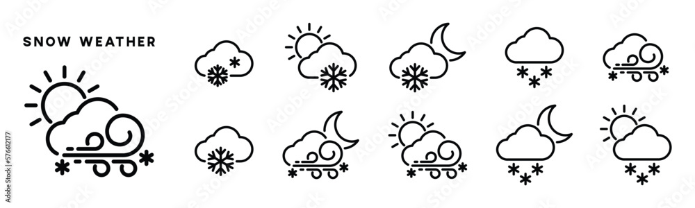 Snowfall weather icon set. Snow weather icons collection. Weather day and night snowing, blizzard symbol in line or outline style for apps and websites, vector illustration Snowfall weather icon set. Snow weather icons collection. Weather day and night snowing, blizzard symbol in line or outline style for apps and websites, vector illustration