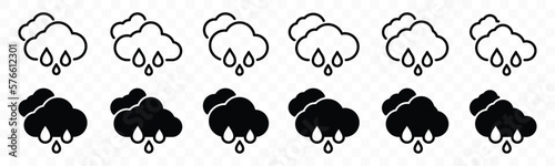 Rainy weather icon set. Heavy rain weather icons collection. Rainfall icon on transparent background. Raindrops and clouds symbol in line and flat style for apps and websites, vector illustration