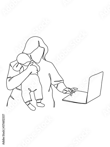 Continuous one line drawing of mom holding baby. Vector illustration.