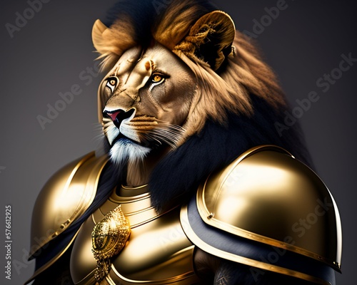 closeup portrait of a male humanoid lion wearing heavy gold combat armor, realistic illustration of the king of jungle standing like a majestic warrior ready for a battle, Generative Ai photo