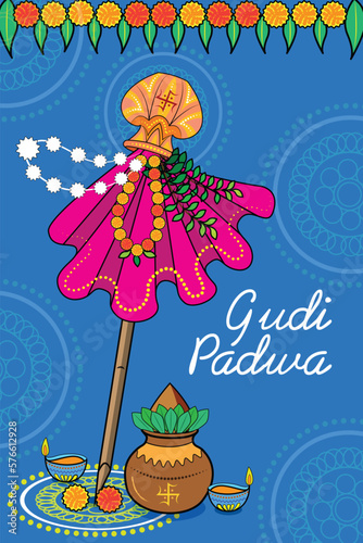 easy to edit vector illustration of Gudhi Padwa spring festival for traditional New Year for Marathi and Konkani Hindus celebrated in Maharashtra and Goa