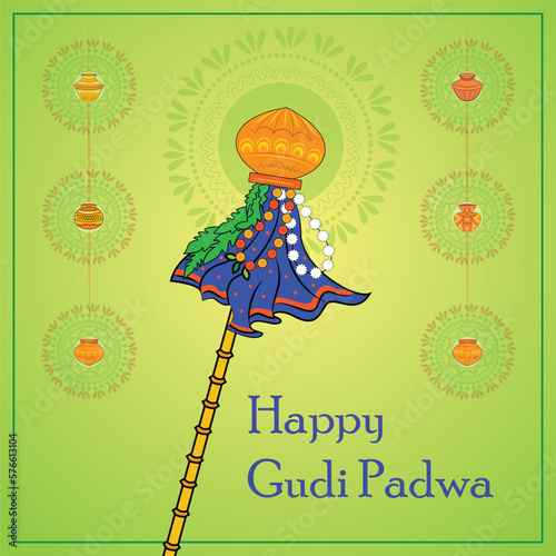 easy to edit vector illustration of Gudhi Padwa spring festival for traditional New Year for Marathi and Konkani Hindus celebrated in Maharashtra and Goa