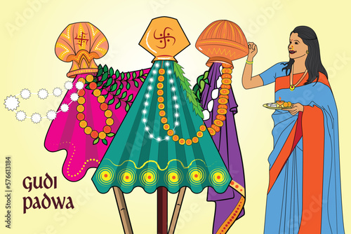 easy to edit vector illustration of Gudhi Padwa spring festival for traditional New Year for Marathi and Konkani Hindus celebrated in Maharashtra and Goa