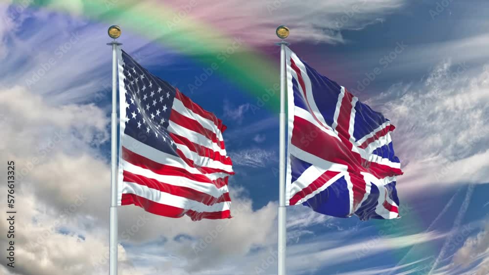 The video shows the flags of the USA and UK flying in the sky with a 4K ...