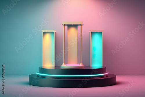 Realistic 3D podium with neon light and pastel color for product display. Generative AI