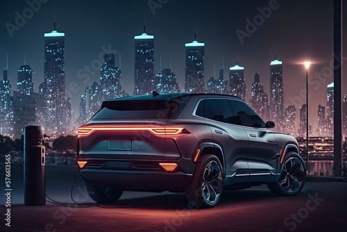 Electric SUV car charging its battery, with the charging equipment , and the background of a city view at night, Generative AI © Ziyasier