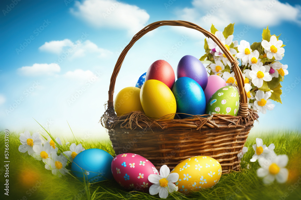 Basket with easter eggs in grass on a sunny spring day, copy space. AI