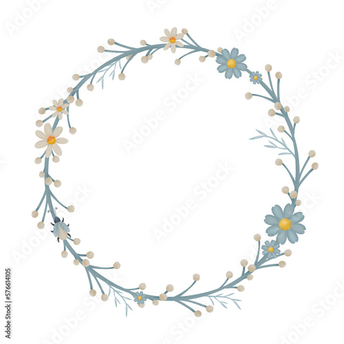Pastel simple greenery wreath. Round frame template with blue and white flowers for cards, wedding invitation, posters.