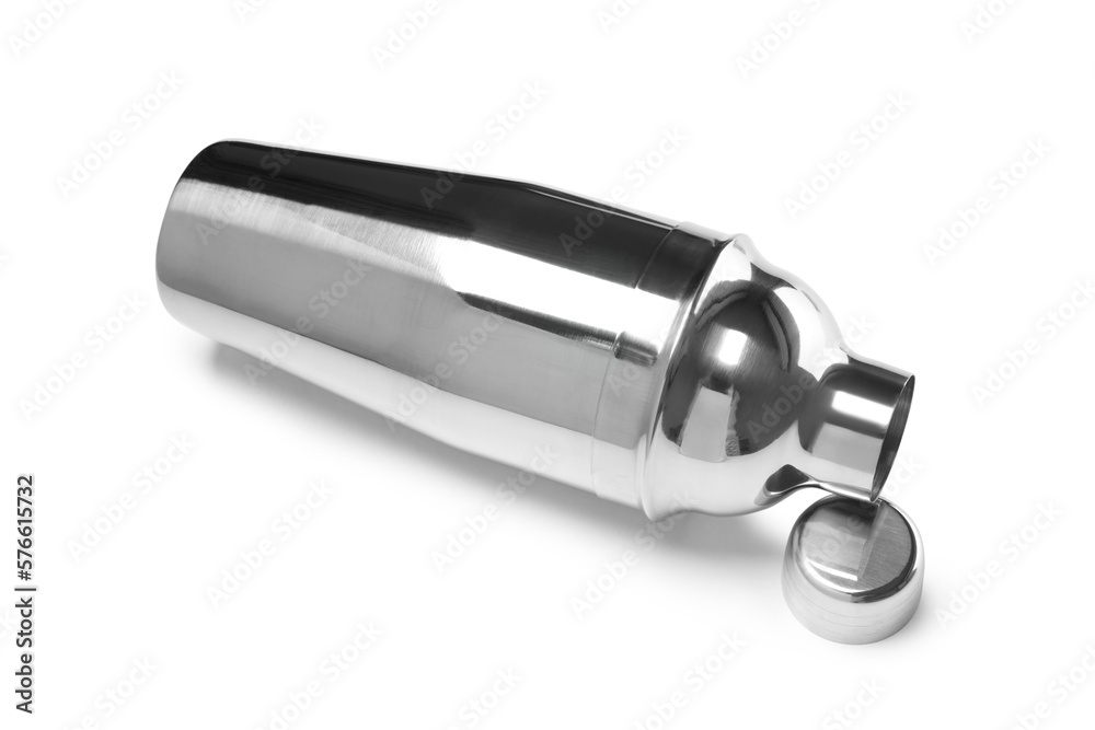 Concept of preparing alcohol drink or cocktail, shaker, isolated on white background