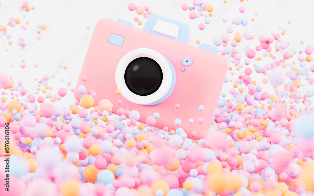 Cartoon camera with colorful spheres background, 3d rendering. Cartoon camera with colorful spheres background, 3d rendering.