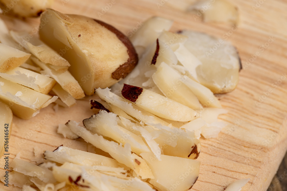 High-quality Brazil nuts peeled from the shell on the table High-quality Brazil nuts peeled from the shell on the table
