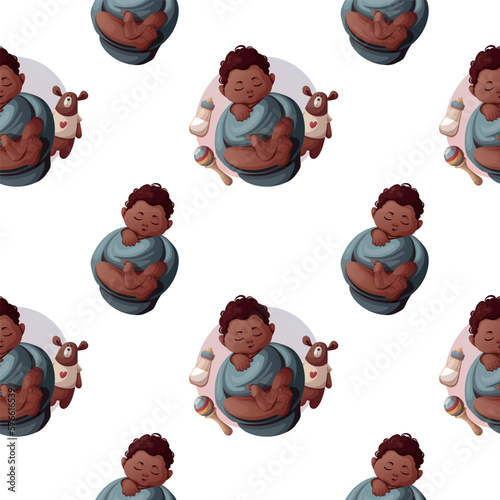 Seamless pattern with sleeping swaddled baby boy, teddy bear and baby bottle. Newborn, Childbirth, Baby care, babyhood, childhood, infancy concept. Vector illustration.