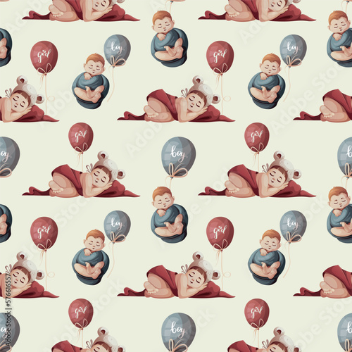 Seamless pattern with sleeping  babies and balloons. Newborn, Childbirth, Baby care, babyhood, childhood, infancy concept. Vector illustration.