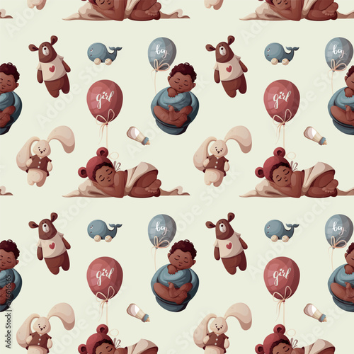 Seamless pattern with sleeping  babies, balloons, teddy bear and bunny. Newborn, Childbirth, Baby care, babyhood, childhood, infancy concept. Vector illustration.