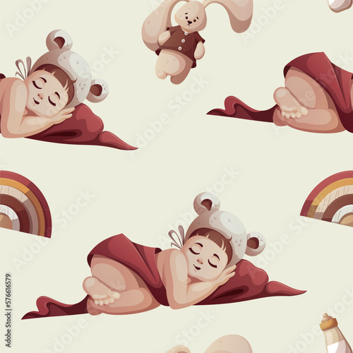 Seamless pattern with Baby girl sleeping in hat with ears. Newborn, Childbirth, Baby care, babyhood, childhood, infancy concept. Vector illustration.