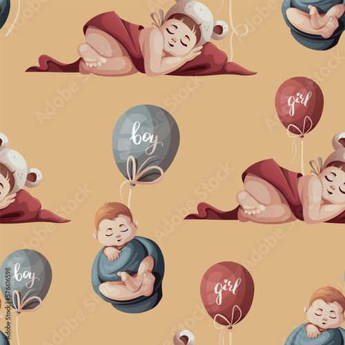 Seamless pattern with sleeping swaddled babies and balloon. Newborn, Childbirth, Baby care, babyhood, childhood, infancy concept. Vector illustration.