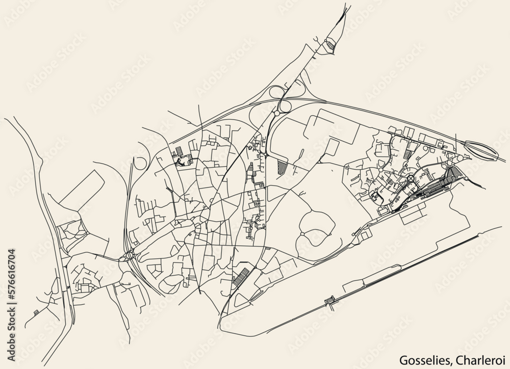 Detailed hand-drawn navigational urban street roads map of the GOSSELIES MUNICIPALITY of the Belgian city of CHARLEROI, Belgium with vivid road lines and name tag on solid background