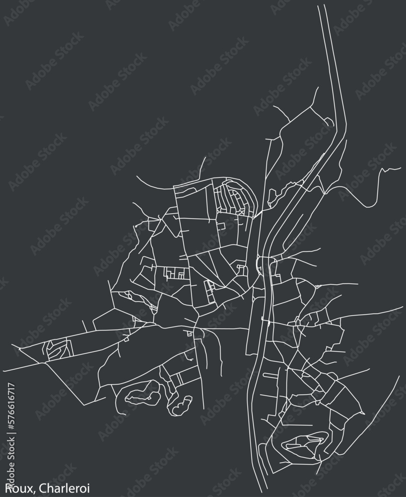 Detailed hand-drawn navigational urban street roads map of the ROUX MUNICIPALITY of the Belgian city of CHARLEROI, Belgium with vivid road lines and name tag on solid background