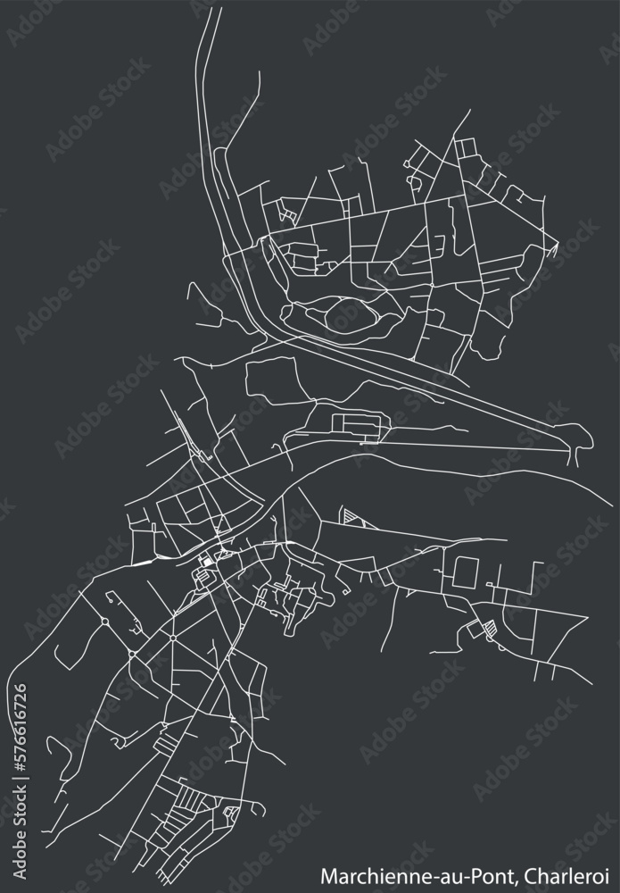 Detailed hand-drawn navigational urban street roads map of the MARCHIENNE-AU-PONT MUNICIPALITY of the Belgian city of CHARLEROI, Belgium with vivid road lines and name tag on solid background