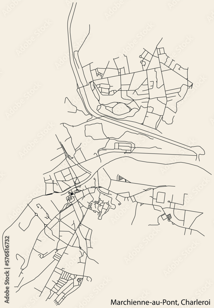 Detailed hand-drawn navigational urban street roads map of the MARCHIENNE-AU-PONT MUNICIPALITY of the Belgian city of CHARLEROI, Belgium with vivid road lines and name tag on solid background
