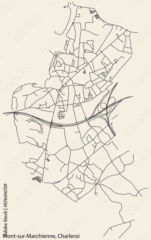 Detailed hand-drawn navigational urban street roads map of the MONT-SUR-MARCHIENNE MUNICIPALITY of the Belgian city of CHARLEROI, Belgium with vivid road lines and name tag on solid background