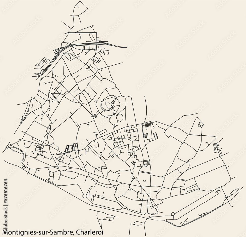 Detailed hand-drawn navigational urban street roads map of the MONTIGNIES-SUR-SAMBRE MUNICIPALITY of the Belgian city of CHARLEROI, Belgium with vivid road lines and name tag on solid background