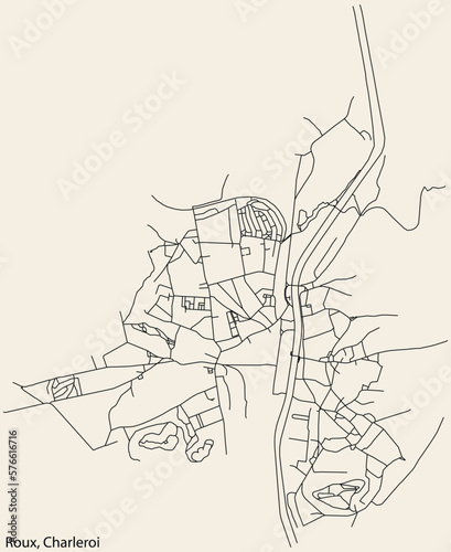 Detailed hand-drawn navigational urban street roads map of the ROUX MUNICIPALITY of the Belgian city of CHARLEROI  Belgium with vivid road lines and name tag on solid background