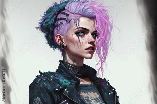 portrait of a punk girl with pink hair smeared make-up and a black leather jacket, fictional person made with generative ai photo