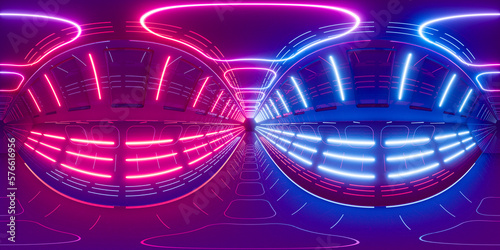 Obraz na płótnie Neon tunnel 360 panorama background, 3d rendering.