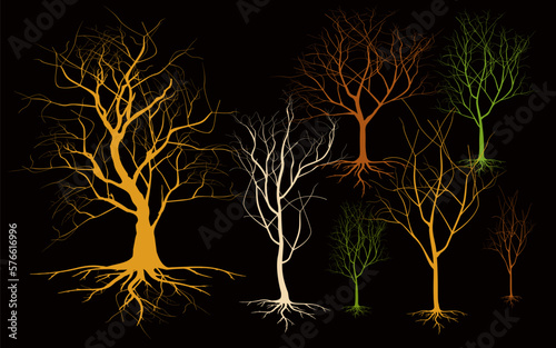Set of silhouette trees on black background, Hand drawn Trees and branches isolated vector