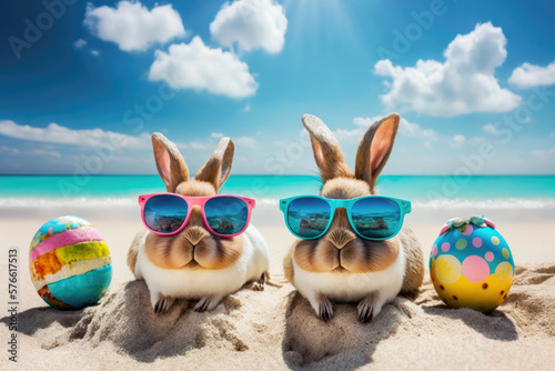 Easter bunnies celebrate with colorful Easter eggs on a sand beach. Travel agency banner. Easter holidays background. Generative AI