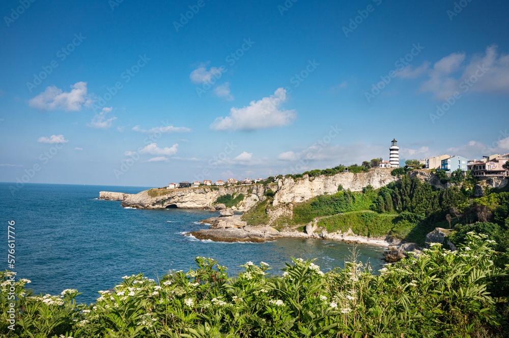 A landscape with the sea and a lighthouse on a cliff with colorful houses and trees on a sunny summer day.