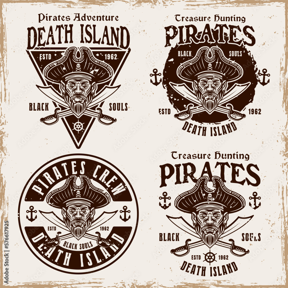 Pirates set of vector emblems in vintage style illustration isolated on background with removable grunge textures
