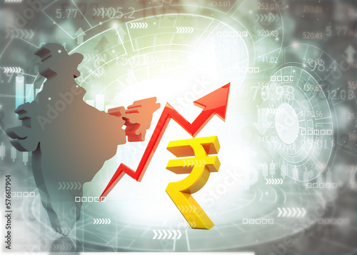 3d indian graph and indian rupee symbol with upward arrow. Financial growth of indian economy. 3d illustration.