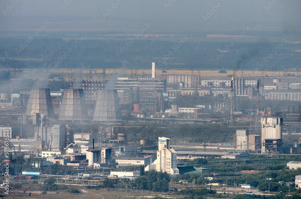 Chemical production: view of the Bashkir Soda Company production workshops from Kushtau Mount.