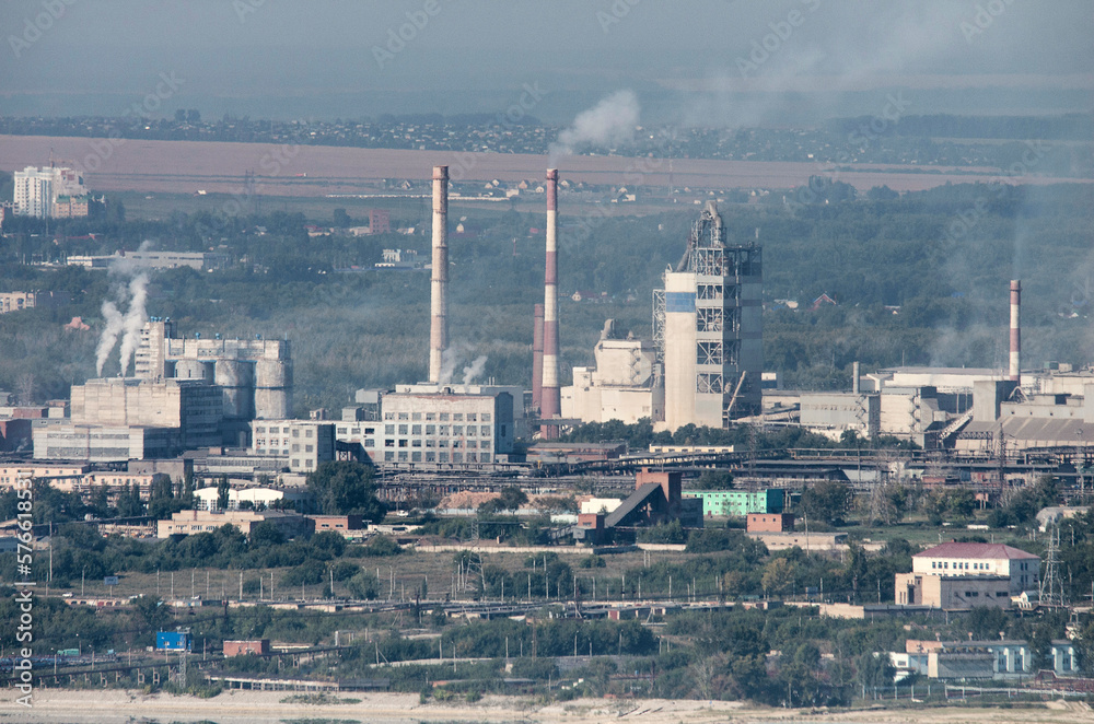 Chemical production: view of the Bashkir Soda Company production workshops from Kushtau Mount.