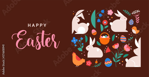 Happy Easter, decorated geometric style Easter card, banner. Bunnies, Easter eggs, flowers and basket. Modern minimalist design