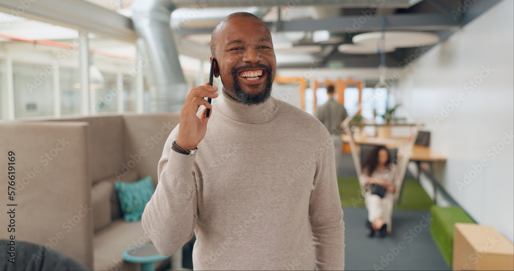 Naklejka premium Business man, phone call and office worker doing mobile networking and communication for work. Online, businessman and financial advisor talking and planning on a cellphone in coworking space