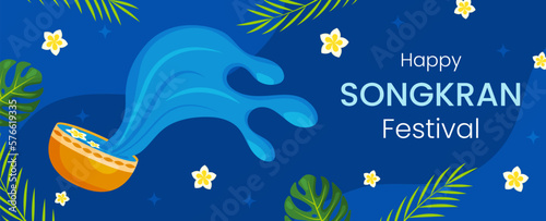 Vector Songkran water festival of Thailand greeting card banner. Gold cup water, tropical flowers, leaves on blue background. Horizontal invitation, flyer, brochure, poster for event