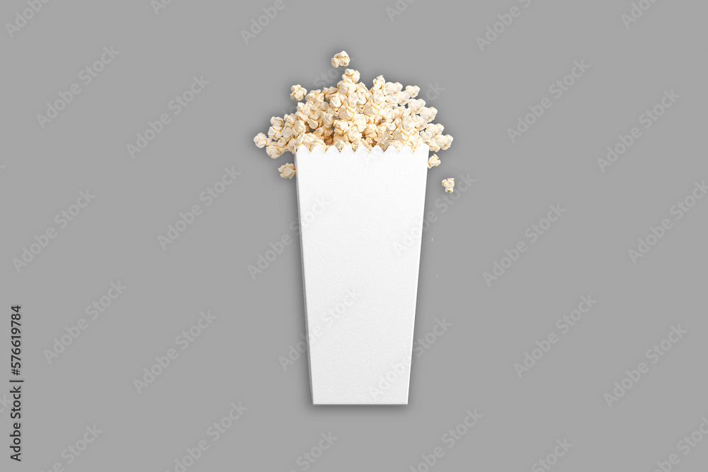 Popcorn in white cardboard bucket mockup isolated on white background. 3d rendering.