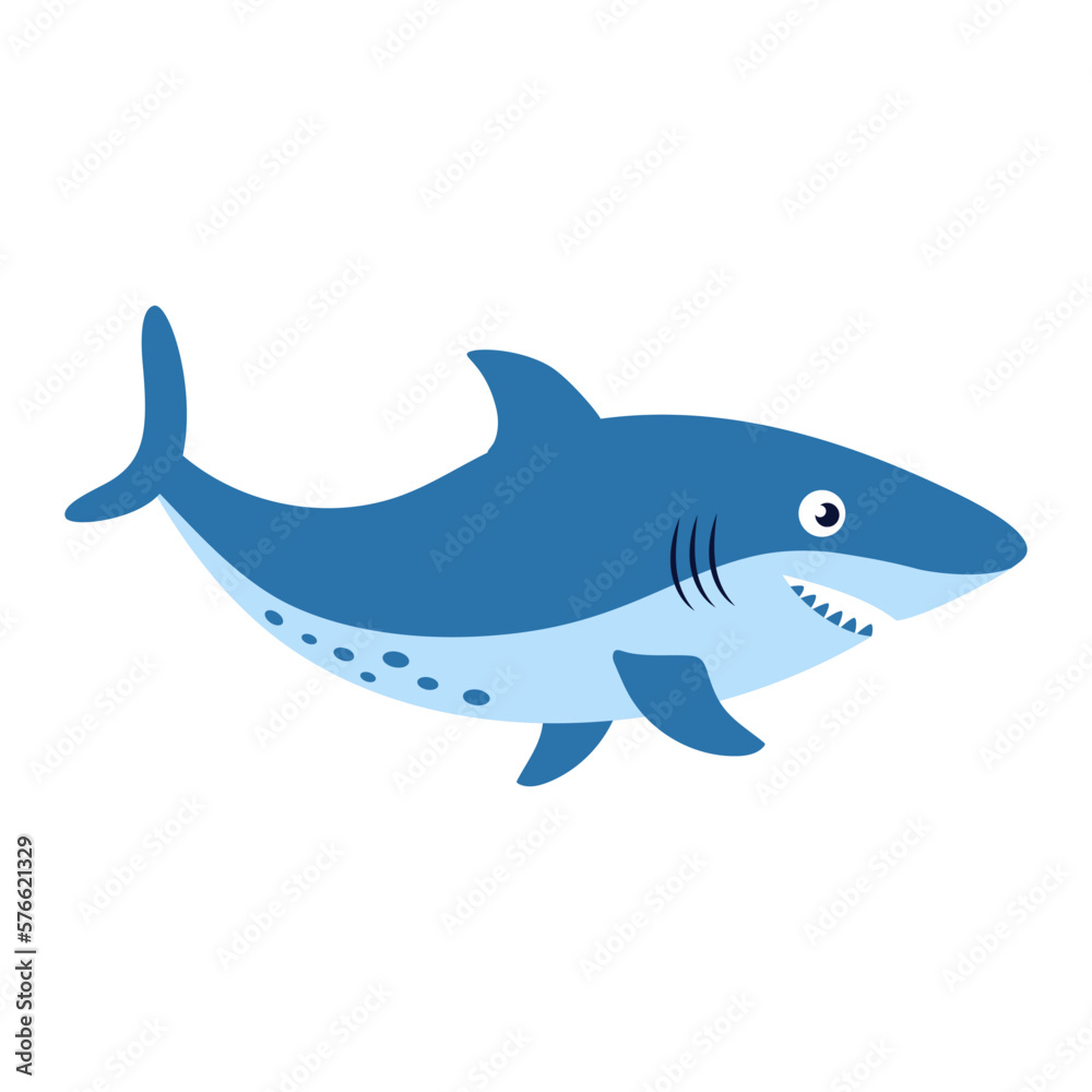 flat vector illustration of cartoon shark isolated on white