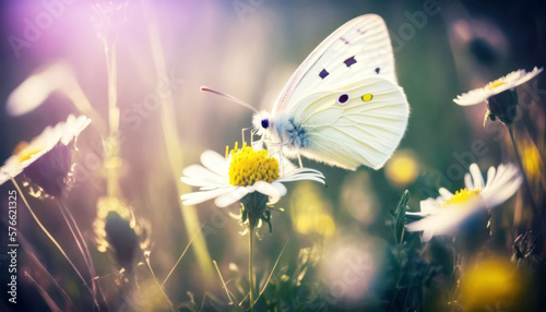 Beautiful White Butterfly on a Flower in a grass patch at the edge of a forest on a bright sunny day. Generative AI 