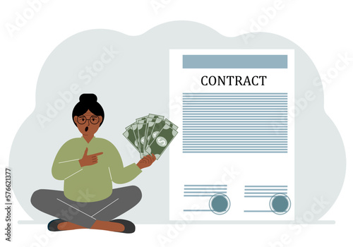 A woman receives money for a deal. Next to it is a large contract with seals. The concept of a financial agreement, signing a contract or a deal.