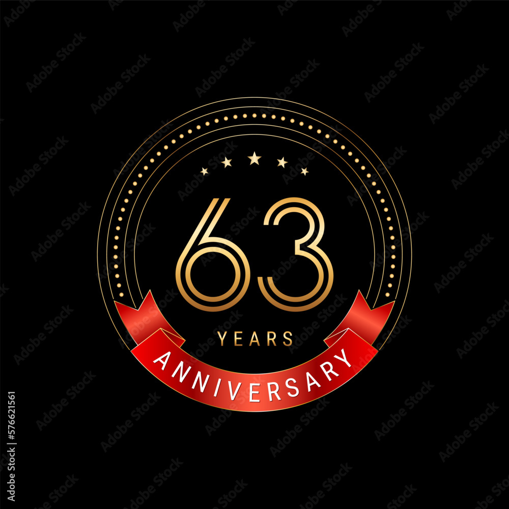 Fototapeta premium 63th Anniversary. Anniversary logo design with golden number and red ribbon. Logo Vector Template