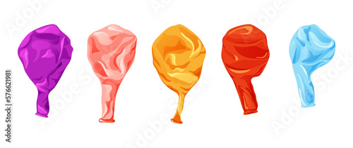 Cartoon inflatable balloon of various shapes and colors. Empty rubber blowing process. Latext uninflated element. Vector illustration on white background