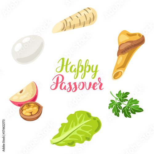 Happy Pesach Jewish Passover plate greeting card. Holiday background with traditional symbols.
