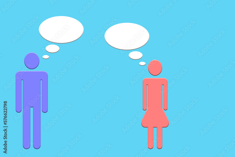 Mann und Frau mit Sprechblasen, 2D-Illustration Mann und Frau mit Sprechblasen, 2D-Illustration